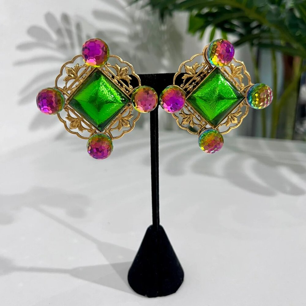 Vintage Yves Saint Laurent Green & AB Crystal Clip Earrings